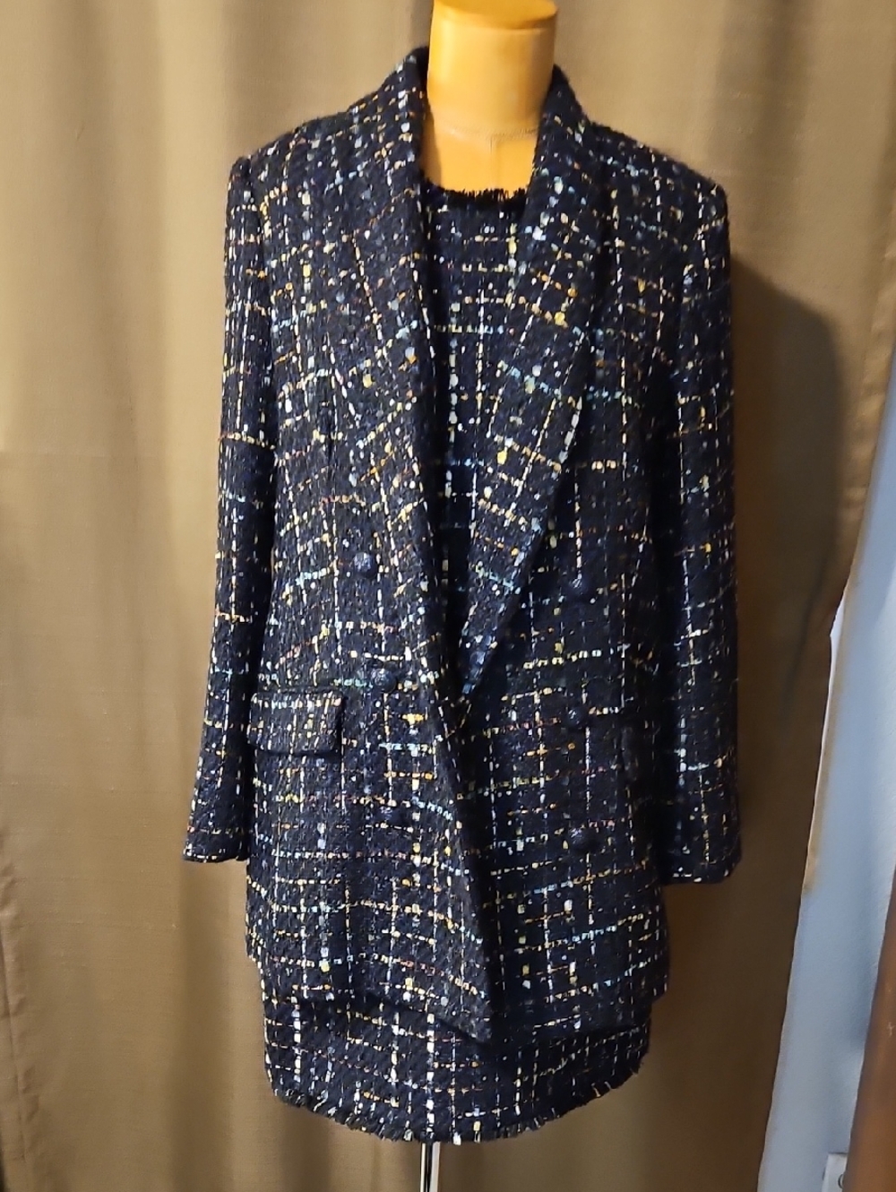 L'AGENCE Navy Tweed Check Blazer and Dress